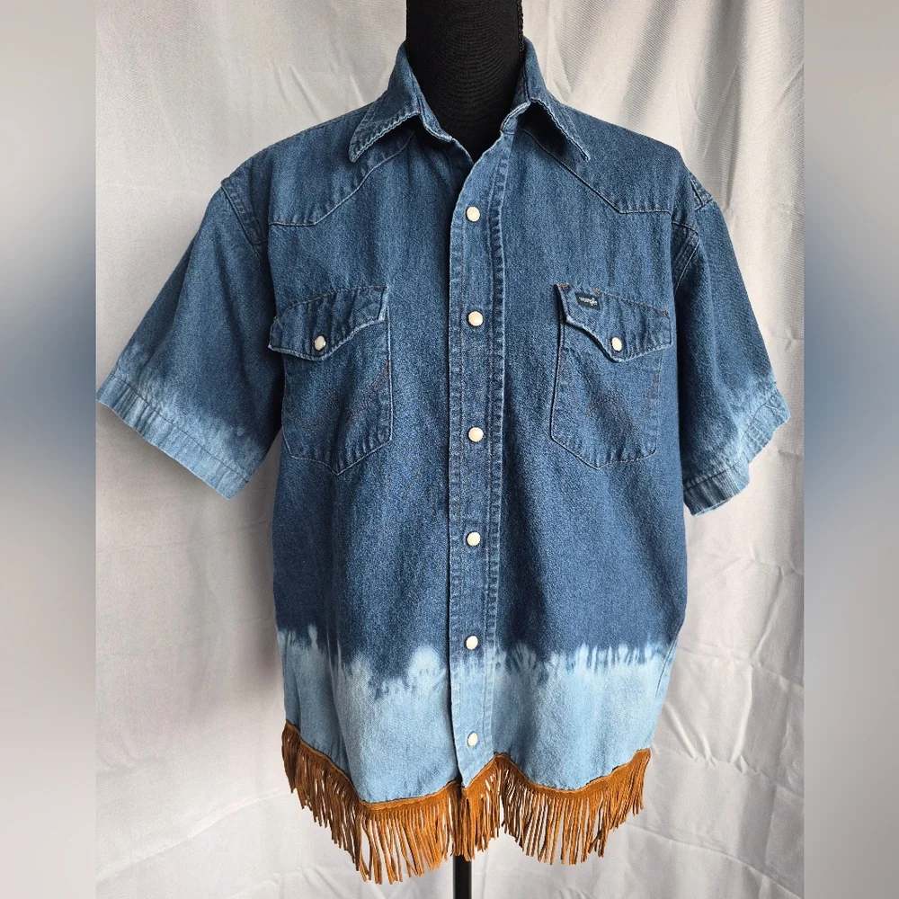 Wrangler Denim Pearl Snap Fringe Shirt Sz 16 Blue Watercolor Tie Dye Cowgirl - Picture 1 of 13